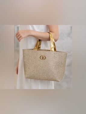 Gold Metallic Straw Tote Bag with Gold Handles